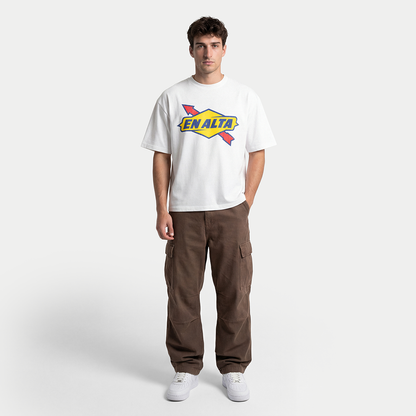 Full body view of model wearing En Alta white men’s t-shirt