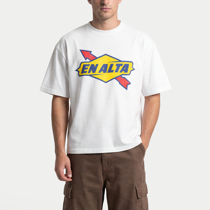 Model wearing En Alta white men’s t-shirt by Caracas Merch