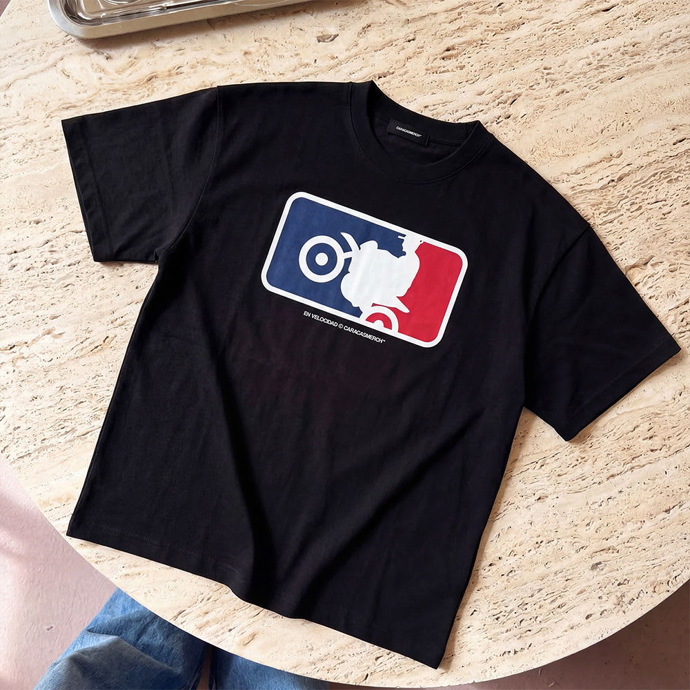 En velocidad black shirt motorcycle flat lay