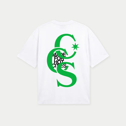Back view of white CCS graphic t-shirt with green print by Caracas Merch