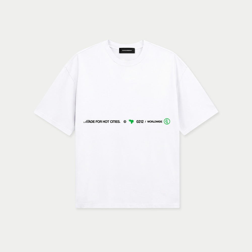 Front view of white CCS Made For Hot Cities t-shirt with minimal chest print