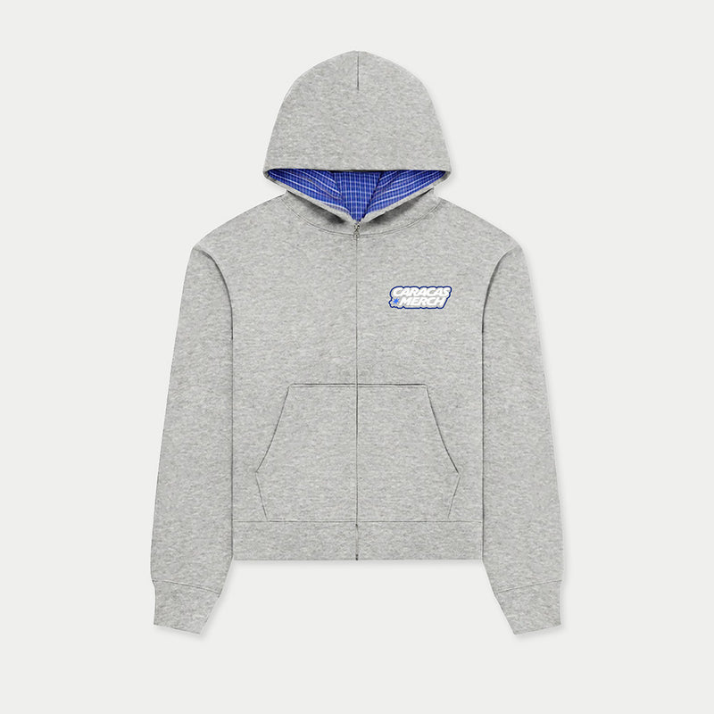 Front view of gray zip-up hoodie by Caracas Merch with blue inner hood lining and DTF logo