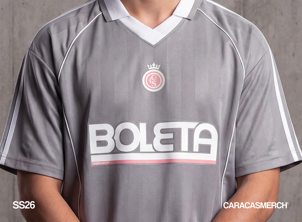 Grey streetwear jersey SS26 Boleta Caracas Merch oversized football shirt modern streetwear fashion