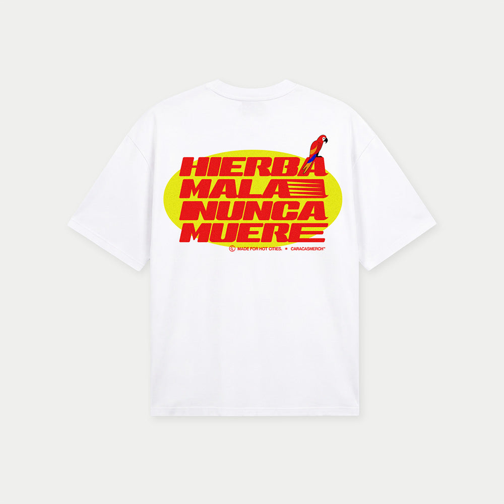 Back view of white Hierba Mala Nunca Muere graphic t-shirt by Caracas Merch