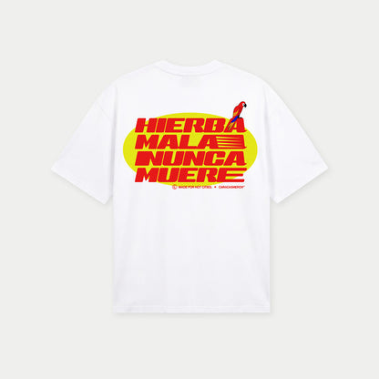 Back view of white Hierba Mala Nunca Muere graphic t-shirt by Caracas Merch