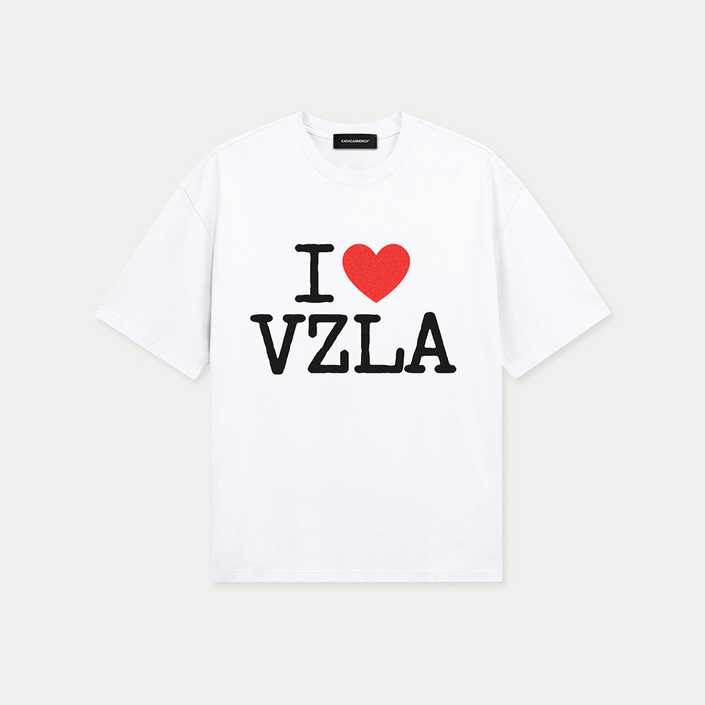 Front view of i love venezuela white graphic t-shirt by Caracas Merch