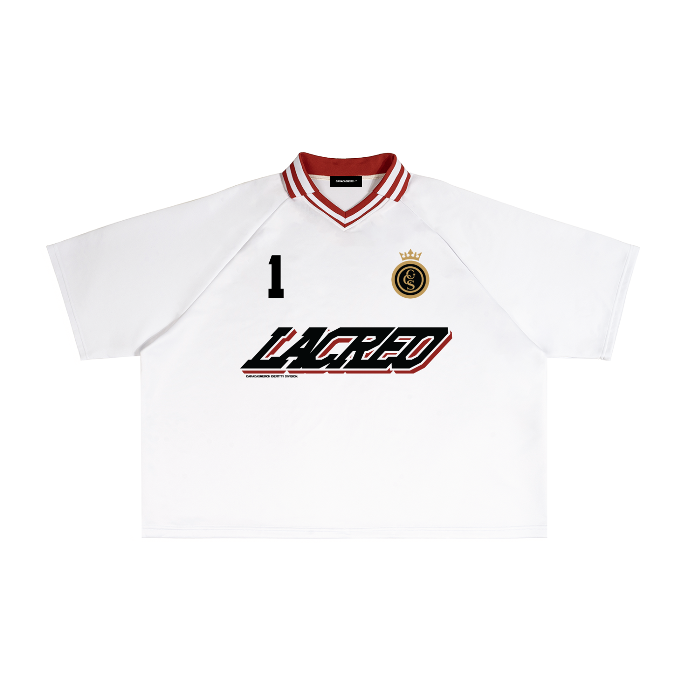 Un lacreo white soccer jersey with number 1 and crest detail