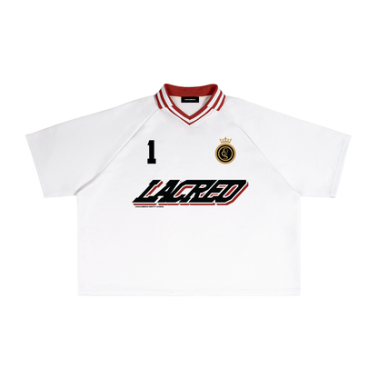 Un lacreo white soccer jersey with number 1 and crest detail