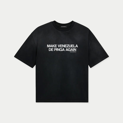Black t-shirt with white “Make Venezuela De Pinga Again” print by Caracas Merch