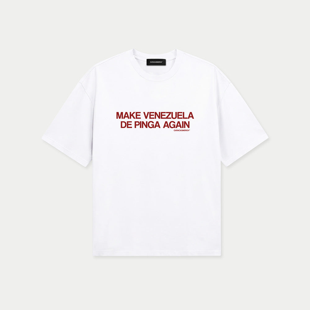 White t-shirt with red “Make Venezuela De Pinga Again” print by Caracas Merch