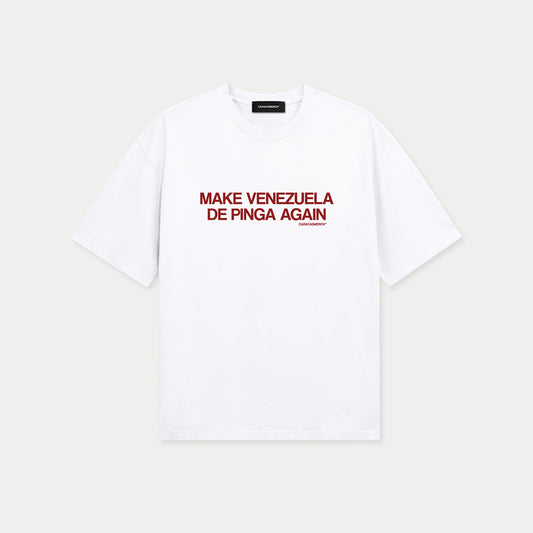 White t-shirt with red “Make Venezuela De Pinga Again” print by Caracas Merch