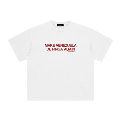 White t-shirt with red “Make Venezuela De Pinga Again” print by Caracas Merch