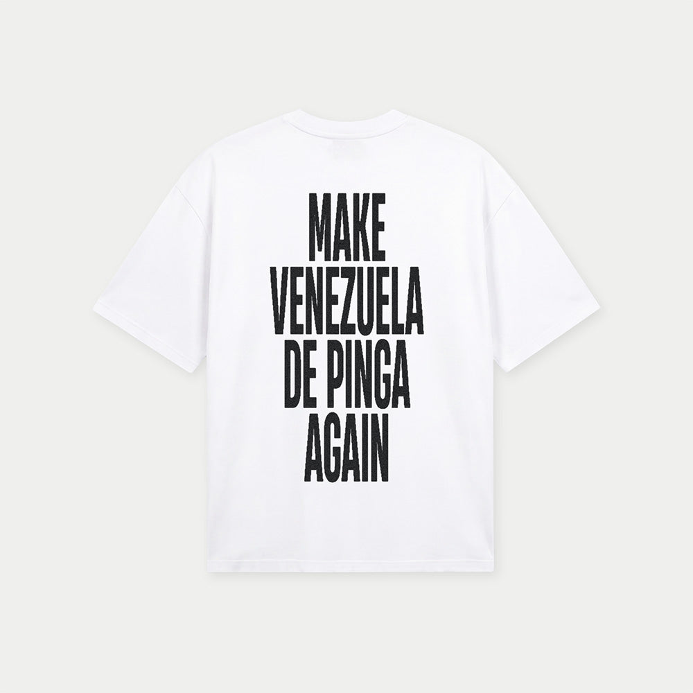 Back print of oversized white Make Venezuela De Pinga Again tee by Caracas Merch