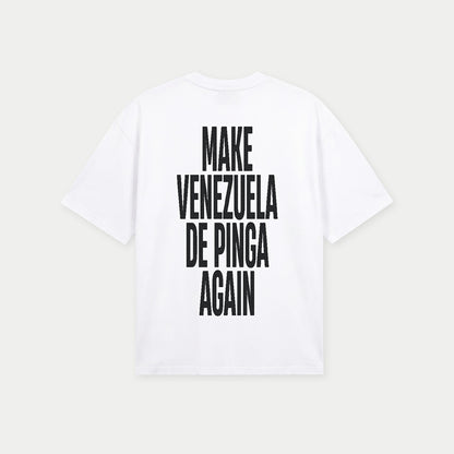 Back print of oversized white Make Venezuela De Pinga Again tee by Caracas Merch