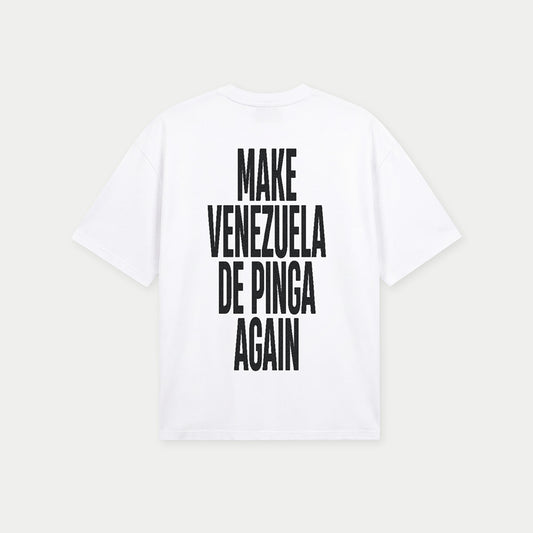 Back print of oversized white Make Venezuela De Pinga Again tee by Caracas Merch