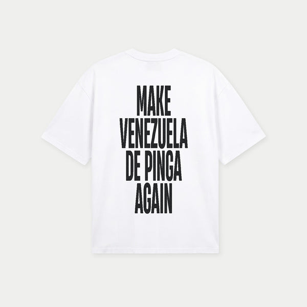 Back print of oversized white Make Venezuela De Pinga Again tee by Caracas Merch