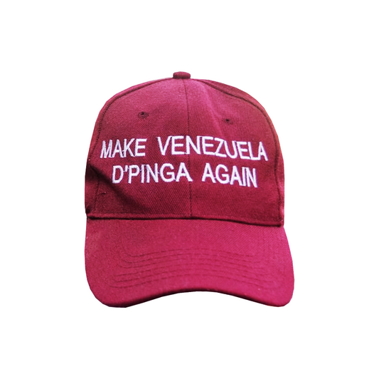 Gorra original Make Venezuela De Pinga Again de sarga de algodón, 6 paneles, corona baja, ojales bordados y cierre ajustable con hebilla envejecida. Diseño único y auténtico de estilo urbano venezolano.