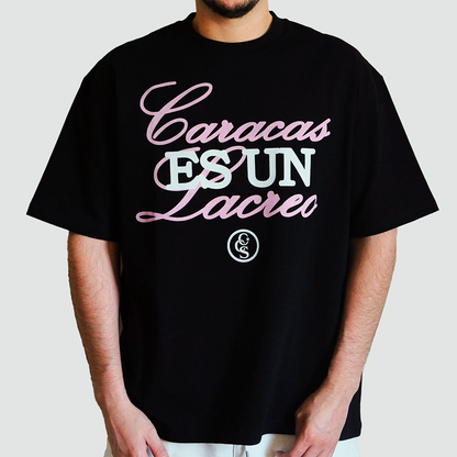 Male model wearing caracas es un lacreo black graphic t-shirt