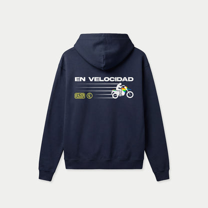 Metro Caracas navy hoodie back design with “En Velocidad” racing graphic
