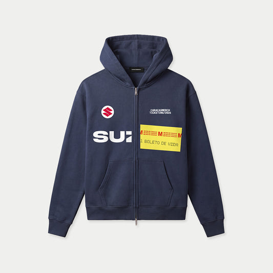 Navy Metro Caracas zip-up hoodie with graphic patches by Caracas Merch