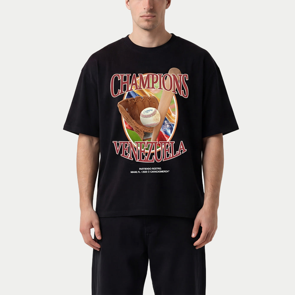 Male model with Venezuela baseball champions black tee 2026 vintage baseball graphic shirt