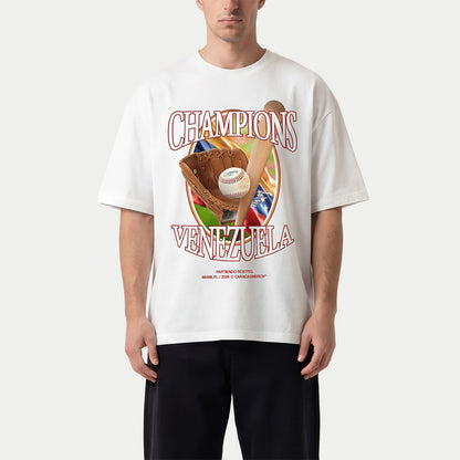 Male model with Venezuela baseball champions white tee 2026 vintage baseball graphic shirt