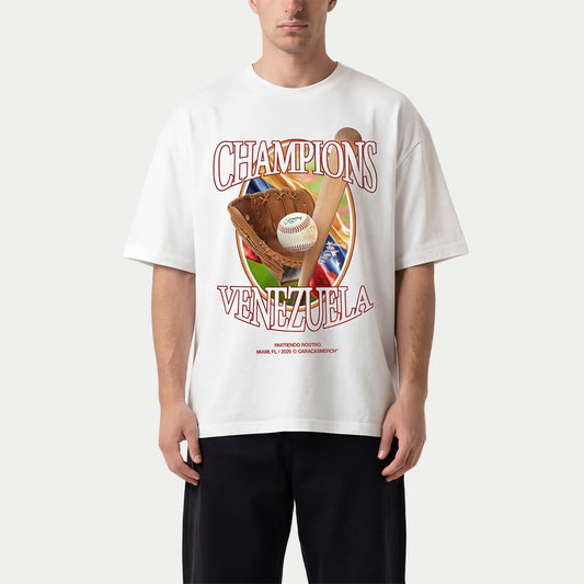 Male model with Venezuela baseball champions white tee 2026 vintage baseball graphic shirt