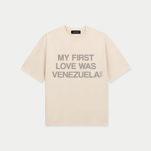 Front view of cream my first love was venezuela graphic t-shirt
