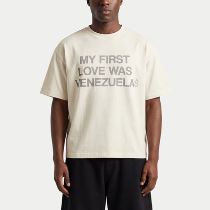 Model wearing my first love was venezuela graphic t-shirt