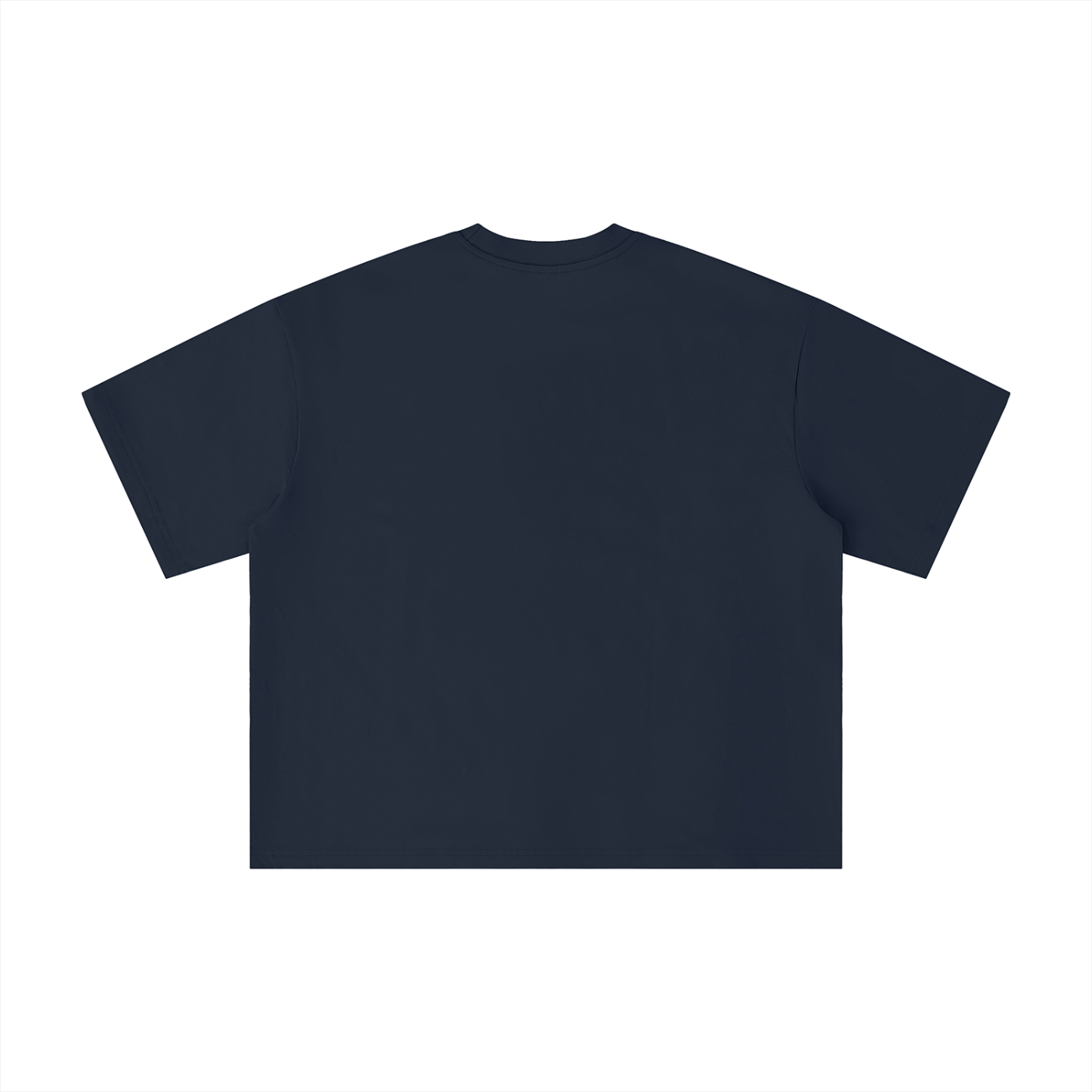 Navy blue oversized boxy t-shirt back view with elegant “Niche” script logo in white centered on the chest – Caracas Merch