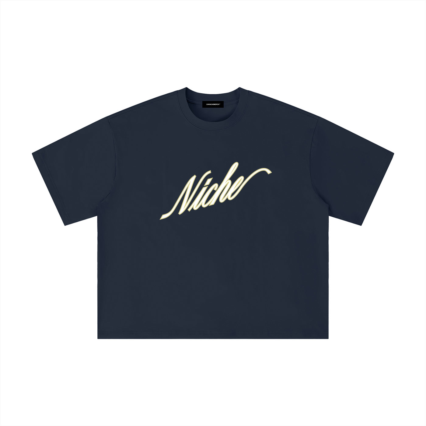 Navy blue oversized boxy t-shirt front view with elegant “Niche” script logo in white centered on the chest – Caracas Merch