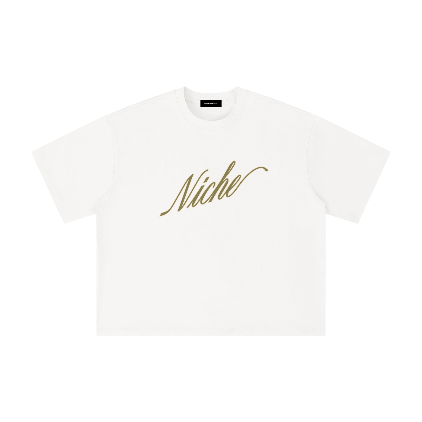 White oversized boxy t-shirt front view with elegant “Niche” script logo in gold centered on the chest – Caracas Merch