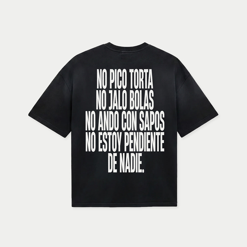 Back view of no pico torta no jalo bolas black graphic t-shirt by Caracas Merch