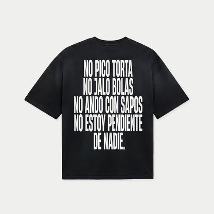Back view of no pico torta no jalo bolas black graphic t-shirt by Caracas Merch