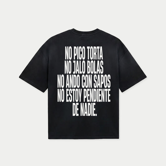 Back view of no pico torta no jalo bolas black graphic t-shirt by Caracas Merch