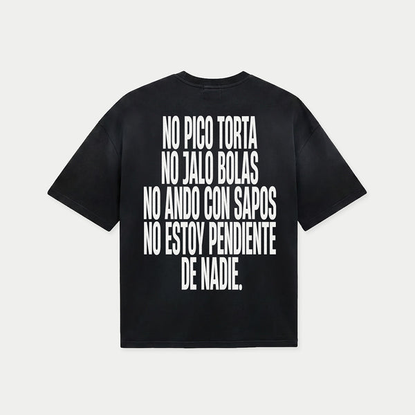 Back view of no pico torta no jalo bolas black graphic t-shirt by Caracas Merch