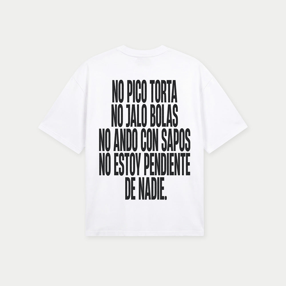 Back view of no pico torta no jalo bolas white graphic t-shirt by Caracas Merch