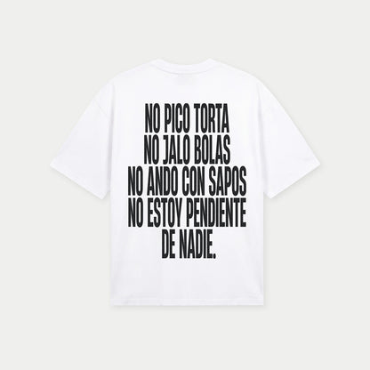 Back view of no pico torta no jalo bolas white graphic t-shirt by Caracas Merch