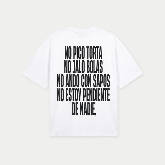 Back view of no pico torta no jalo bolas white graphic t-shirt by Caracas Merch