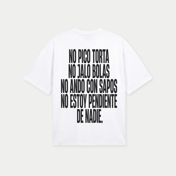 Back view of no pico torta no jalo bolas white graphic t-shirt by Caracas Merch