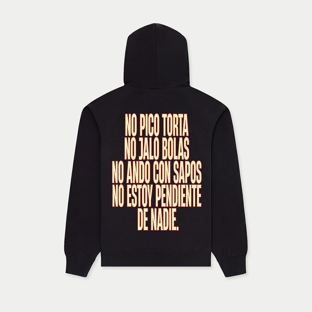 Back view of black hoodie with “No pico torta no jalo bolas” print