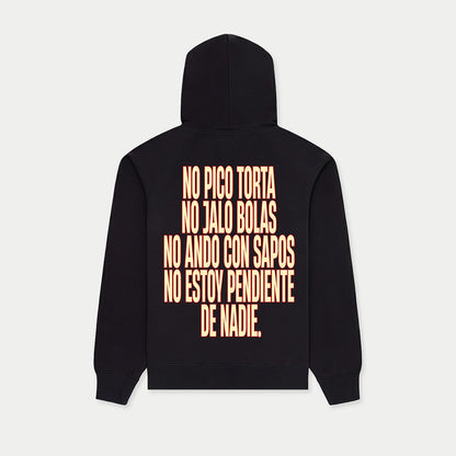 Back view of black hoodie with “No pico torta no jalo bolas” print