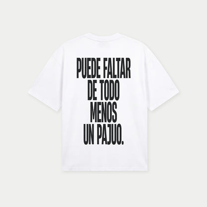 Back view of puede faltar de todo menos un pajuo white graphic t-shirt