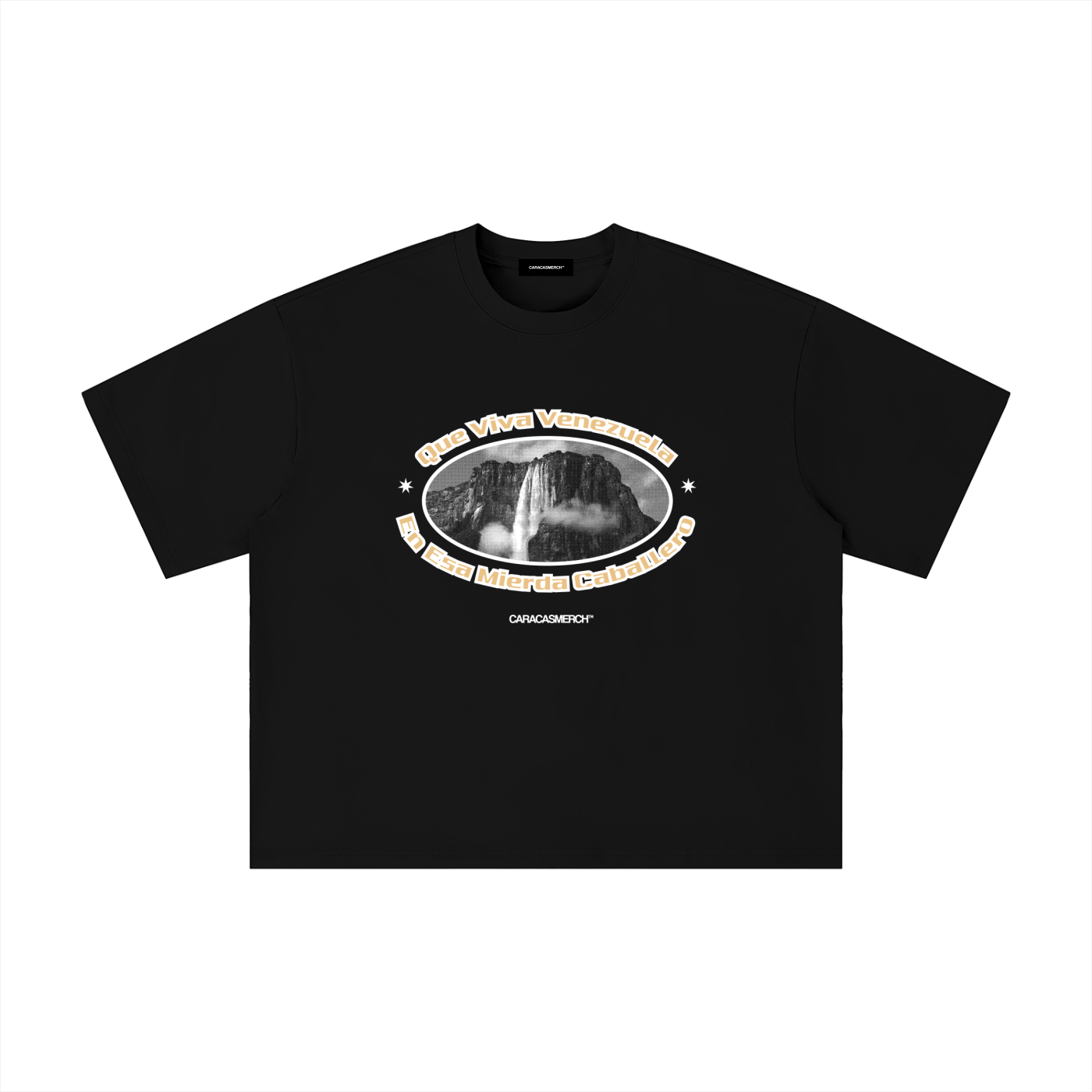 Black boxy t-shirt front view with oval graphic featuring Angel Falls image and “Que viva Venezuela en esa mierda caballero” text – Caracas Merch