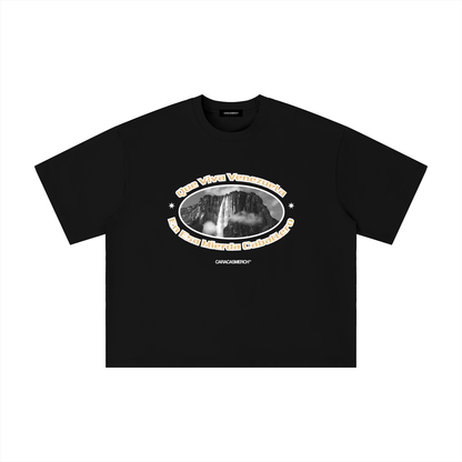 Black boxy t-shirt front view with oval graphic featuring Angel Falls image and “Que viva Venezuela en esa mierda caballero” text – Caracas Merch