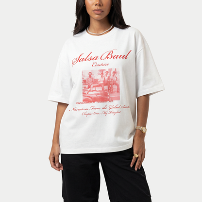 Model wearing white Salsa Baul Couture graphic t-shirt