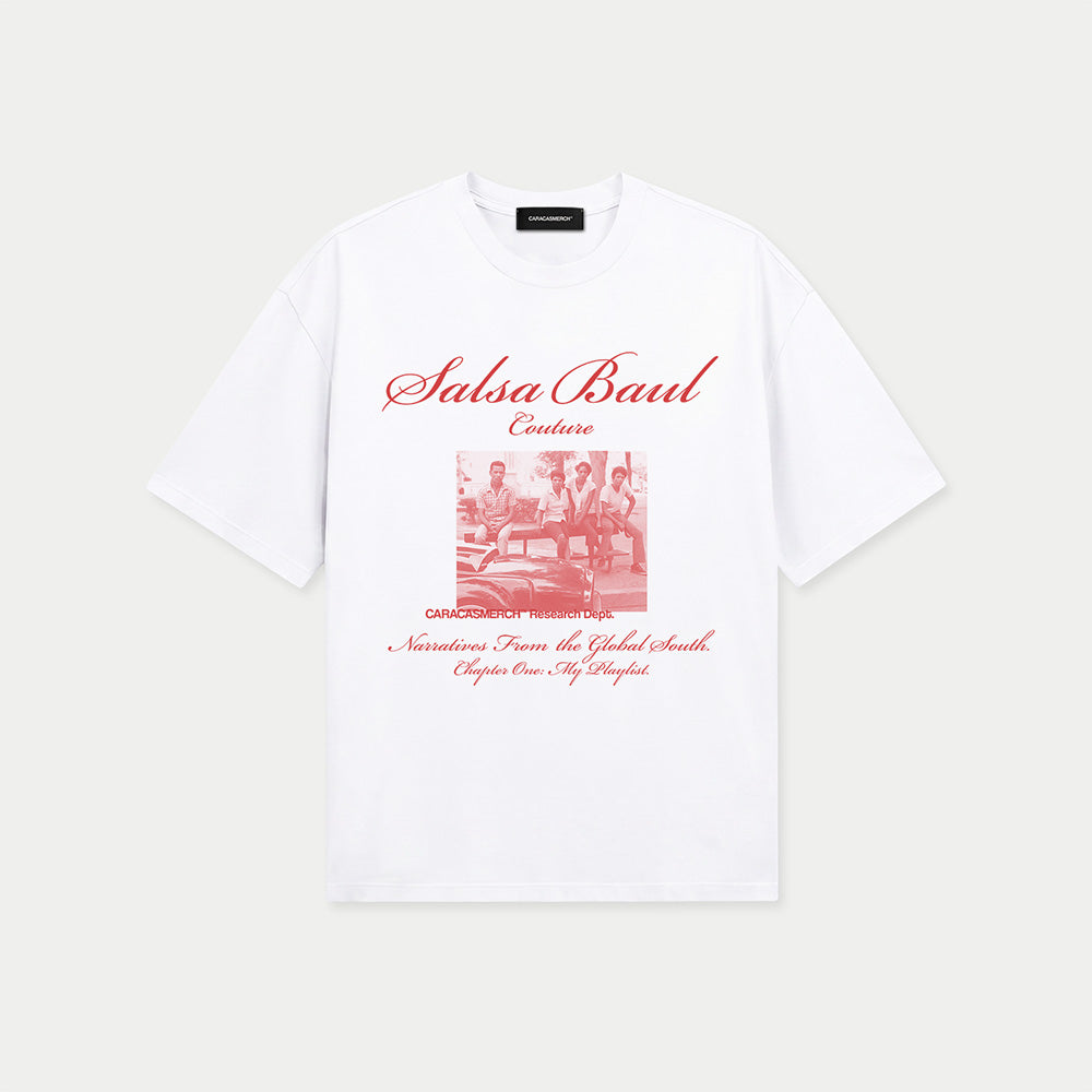 Front view of white Salsa Baul Couture with red graphic t-shirt