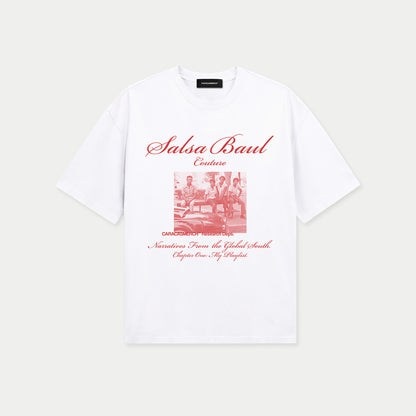 Front view of white Salsa Baul Couture with red graphic t-shirt