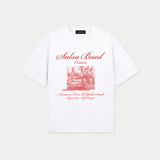 Front view of white Salsa Baul Couture with red graphic t-shirt