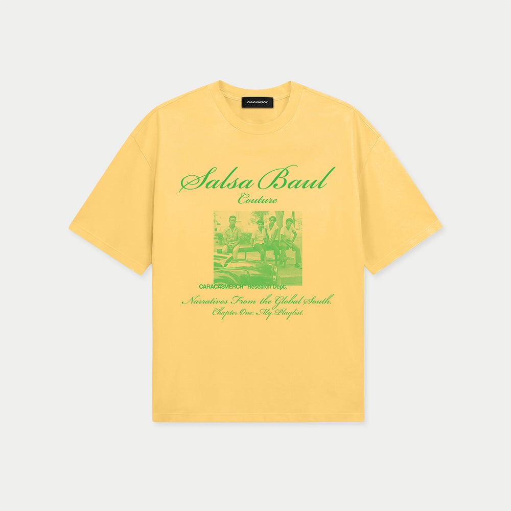 Front view of yellow with green Salsa Baul Couture graphic t-shirt